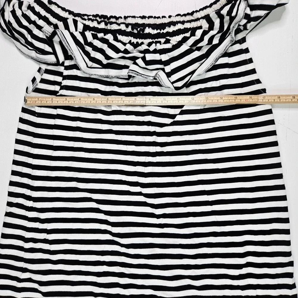 Kate Spade Stripe Off‎ the Shoulder Dress Women L Black White Ruffle Cotton H317